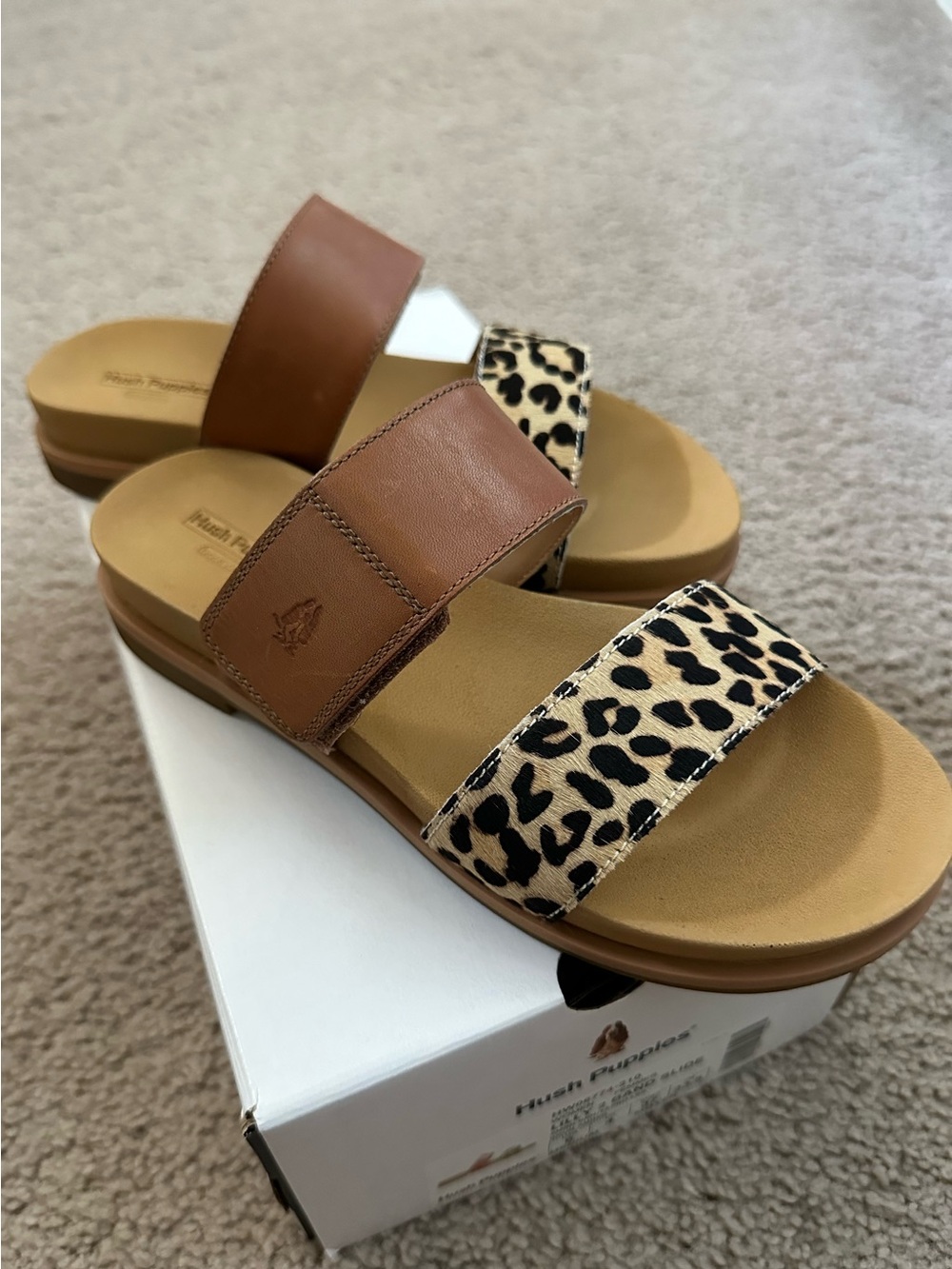 NEW Hush Puppies Lilly 2 Band Slide Sandals in Amber Brown Leopard Leather